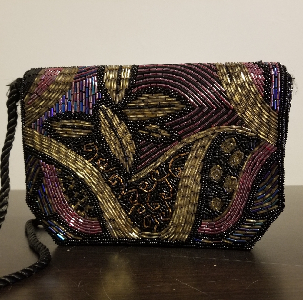 VINTAGE BEADED CLUTCH PROM WEDDING COCKTAIL BLACK TIE EVENING BAG 80S PREPPY VTG - Picture 2 of 9